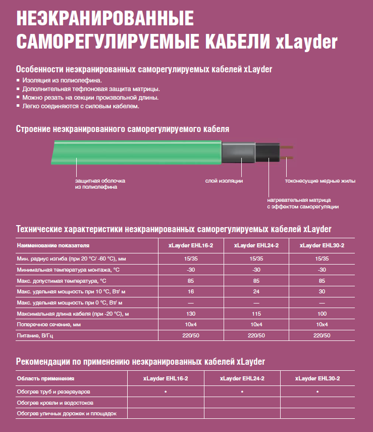 Саморегулируемый греющий кабель xLayder EHL 16-2 обогрев труб и резервуаров (без экрана)